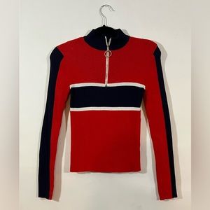 Red and Navy Blue Color Block Zip Up Long Sleeve Shirt